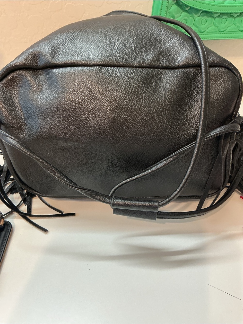 VICTORIA’S SECRET Black boho faux leather Fringe Drawstring Backpack bag - Picture 5 of 9